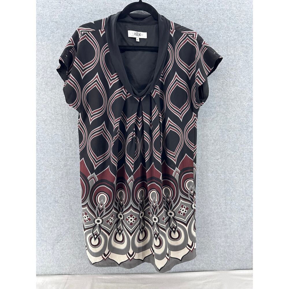 Tibi Women's sz 6 Tribal Print 100% Silk Shift Dress Tunic Mini Cap Sleeve Fall